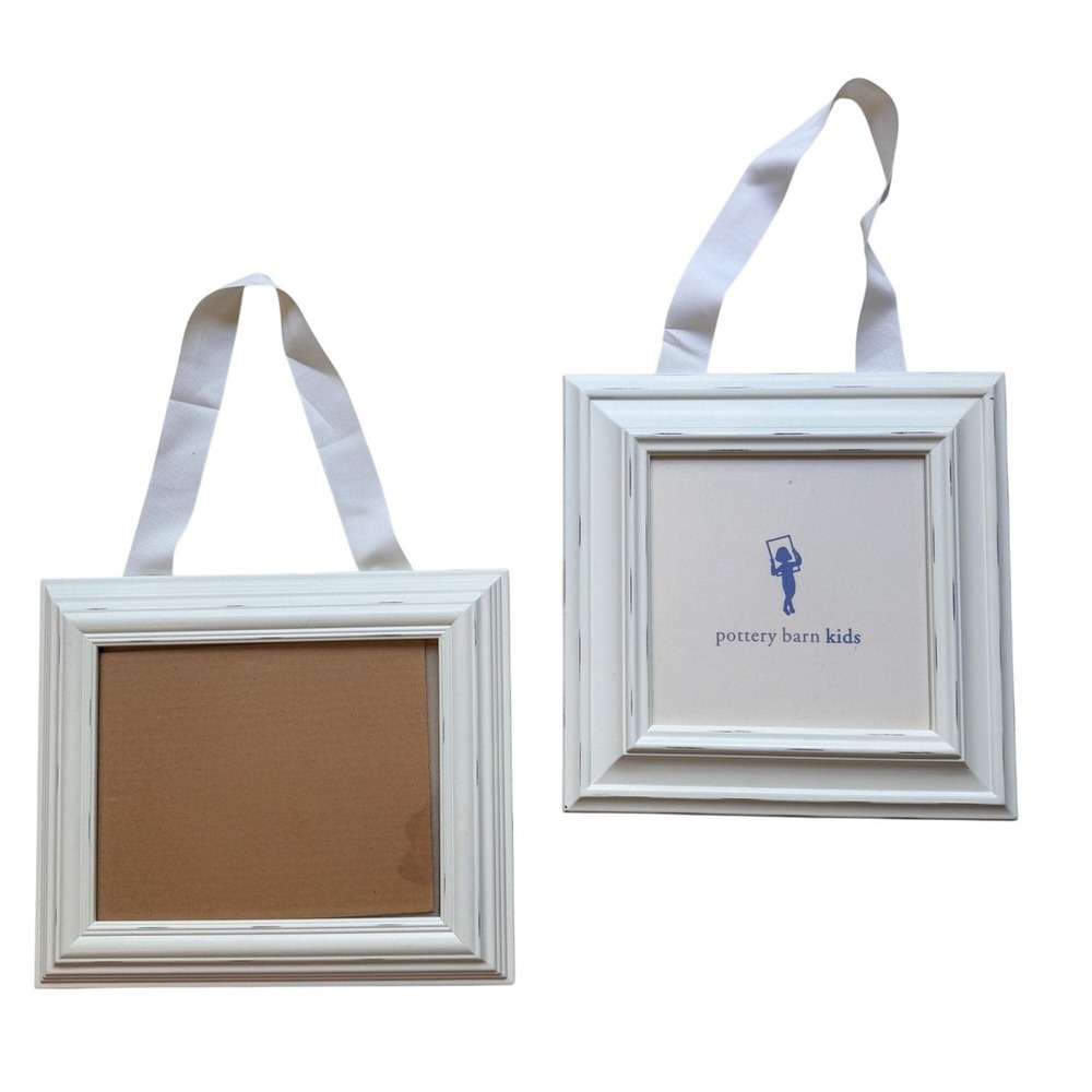 Pair Vintage Pottery Barn Kids White Distress Wood Picture Frames Ribbon Hangers
